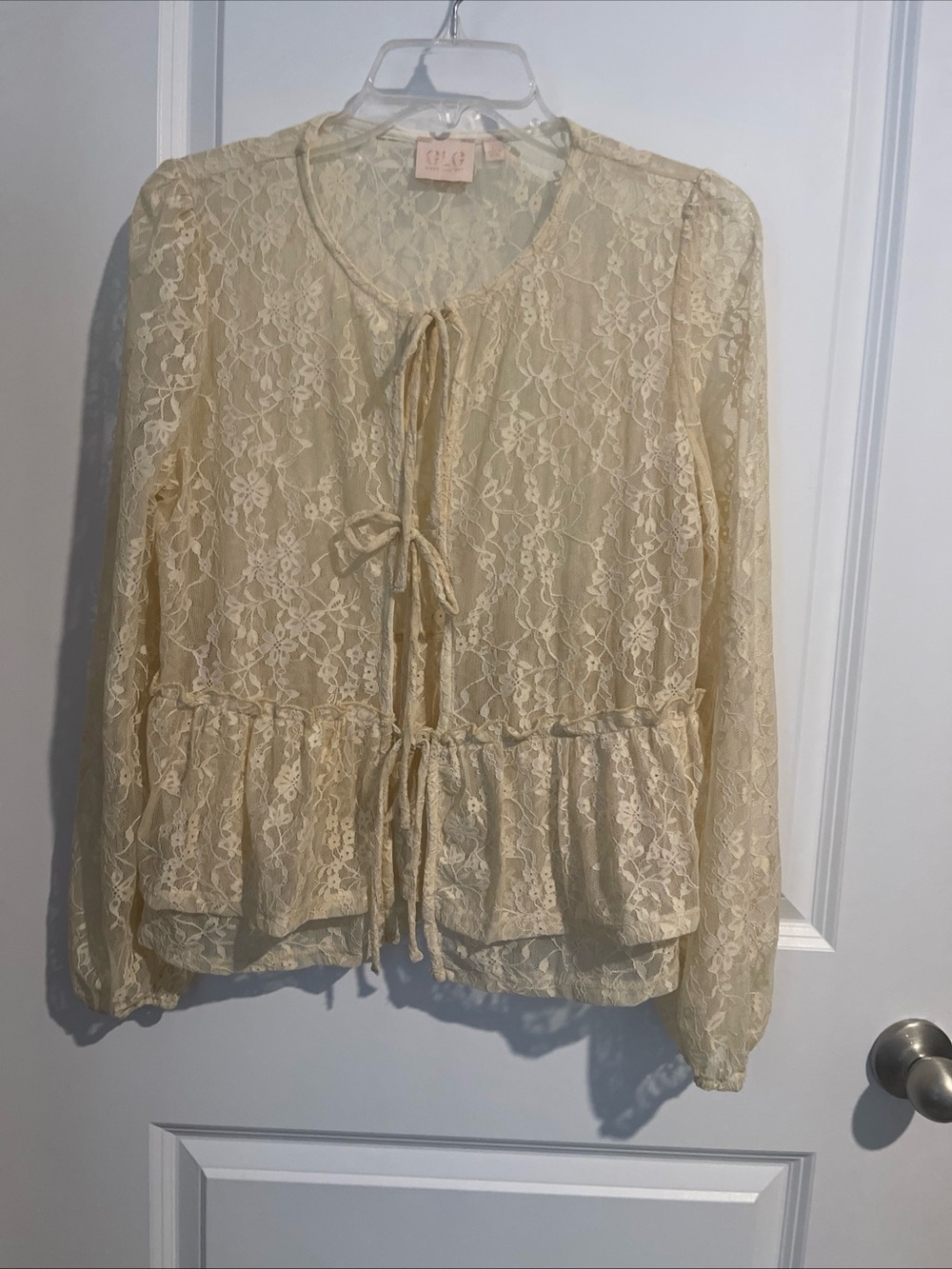 Lace Tie-Front Peplum Blouse - Cream Sheer L Ruffled bottom 19 pit to pit 23 L